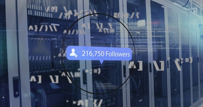 Showing blue follower bubble with user icon over target overlay in datacenter, server racks code