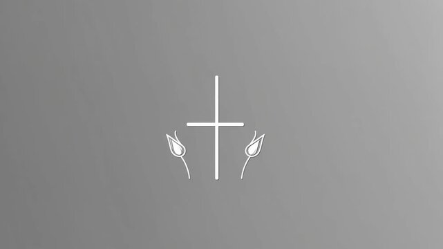 Minimalist religious illustration appears gradually on simple monochrome studio backdrop. Central holy cross emerges alongside sprouting floral elements providing spiritual serene elegance.