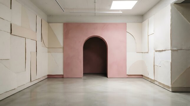 Empty square room with abstract minimalist geometric background, architectural concept, arch inside pink wall, paper layers
