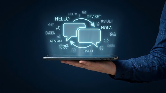 A person holds a tablet projecting glowing symbols representing global conversation and language translation options, featuring multilingual text bubbles floating above the touchscreen device