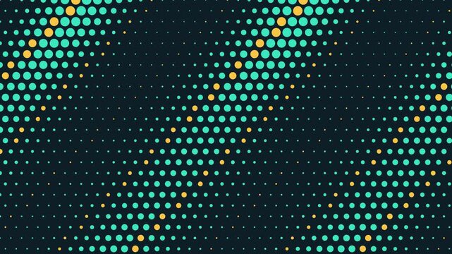Halftone dot wave abstract background loop with teal and gold dots pulsing on dark blue for video backgrounds