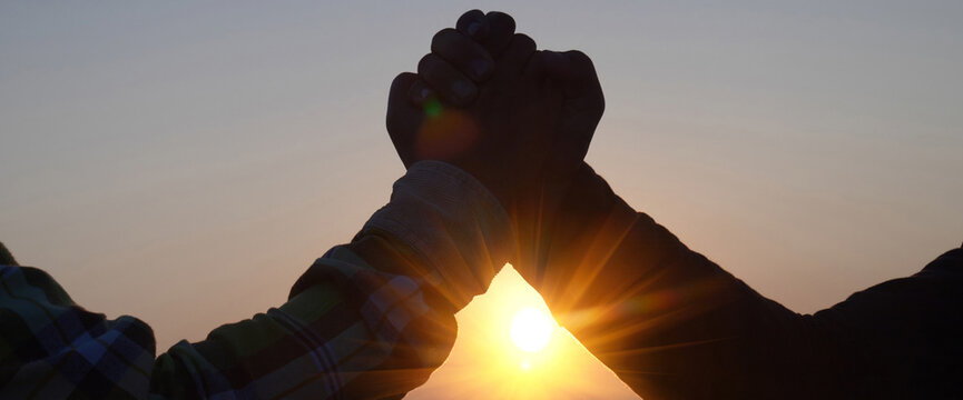 Banner hands high five Fist bump Volunteer mission business partner with copy space. Two people multiracial high five hands stack join arm together. Team bump fist together. Hand High Five Business