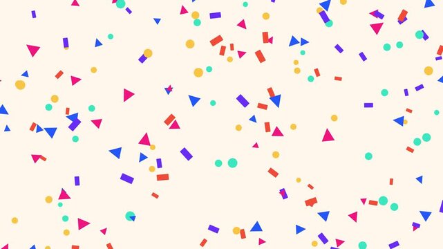 Falling confetti background loop with colorful flat pieces spinning on cream for video backgrounds