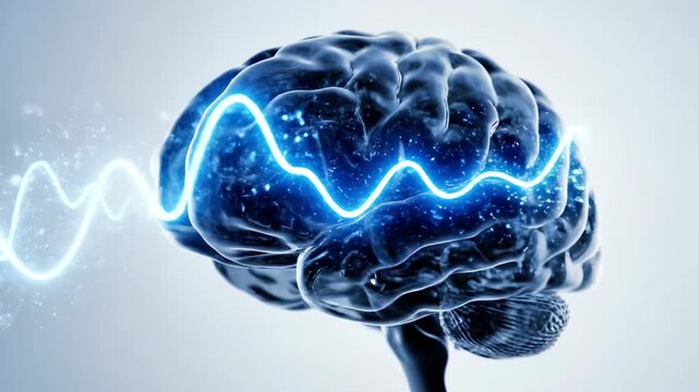 Human brain with glowing blue pulse and energy waves