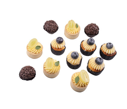 High Angle View of Assorted Mini Desserts with Cupcakes, Tartlets and Brigadeiros Isolated on Transparent Background