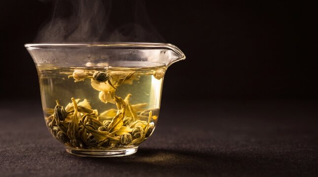 Jasmine pearl tea unfurling in clear glass gaiwan with rising steam