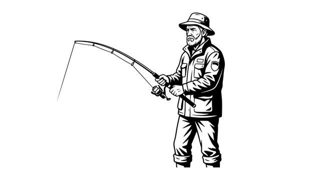 Black and white illustration of an adult fisherman holding a fishing rod.