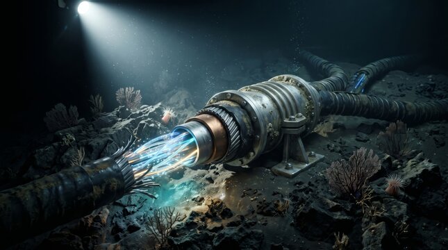 A cutaway subsea telecommunication cable resting on a dark rocky seabed, revealing insulated protective layers, steel armor, and glowing fiber optic cores pulsing with data lig
