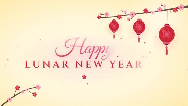 Happy lunar new year in light yellow background red  lantern and pink flowers copy space 