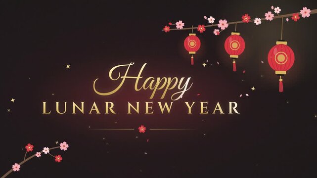 Happy lunar new year in dark background red  lantern and pink flowers copy space 