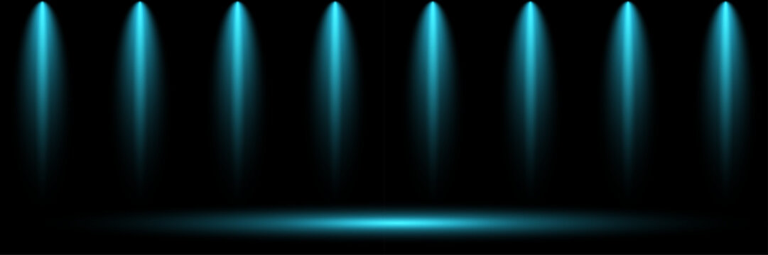 Row of blue spotlights shining downwards on a dark stage with vertical beams light creating a dramatic effect theater floor