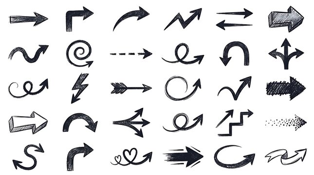 Dark grunge hand drawn arrow icons for edgy graphic design and urban art projects.