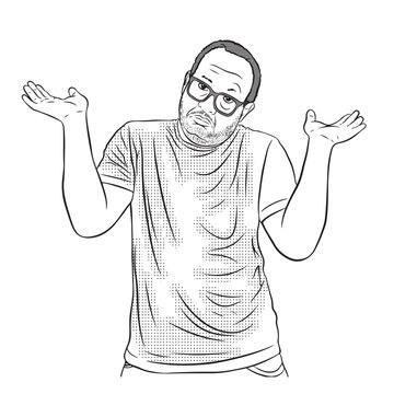 Adult man wearing glasses, with a beard and a bit of stubble, making the classic gesture of shrugging his shoulders or expressing uncertainty. Isolated on a transparent background