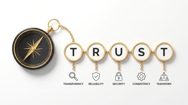 Golden compass guiding toward word trust spelled out with letters and corporate icons representing business values