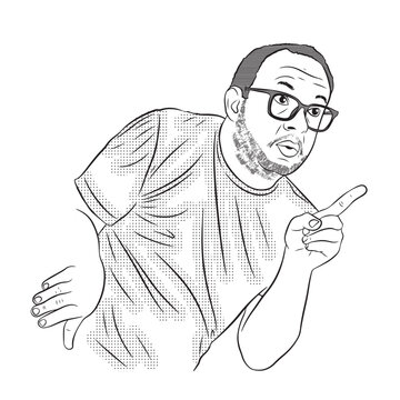 An adult man wearing glasses, with a beard and a bit of stubble, pointing the index finger of his right hand upward and forward. Isolated on a transparent background.