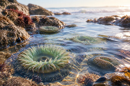 Sea anemones in a tidal pool moving with the ocean waves at dawn.