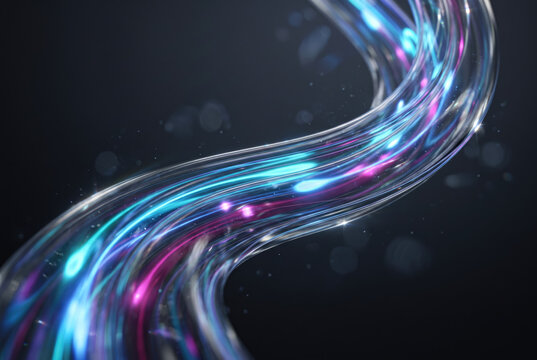 Glowing light wave flowing through transparent glass fiber cable, conveying fast digital data transmission against dark background.