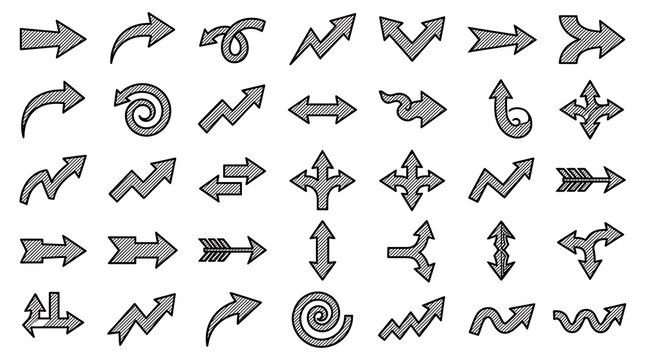 Doodle arrow icons set with hand-drawn striped patterns for creative graphic projects.