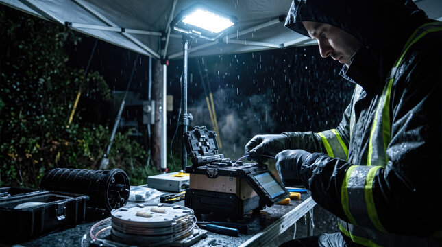 Fiber optic worker performs cable splicing beneath bright work light during rainy night, wearing reflective protective clothing at outdoor worksite.