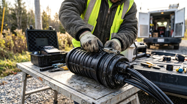 Telecommunications technician sealing outdoor fiber optic cable splice closure at worksite, wearing protective gloves and high visibility vest.