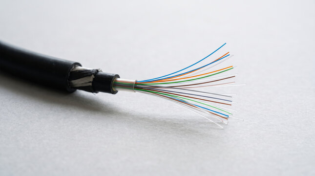 Fiber optic cable with colorful glass strands fanning across white surface, showing delicate fibers and clean minimalist composition.