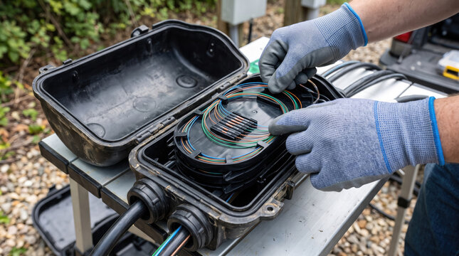 Fiber optic splice closure with technician routing colorful cable strand through junction tray outdoors.