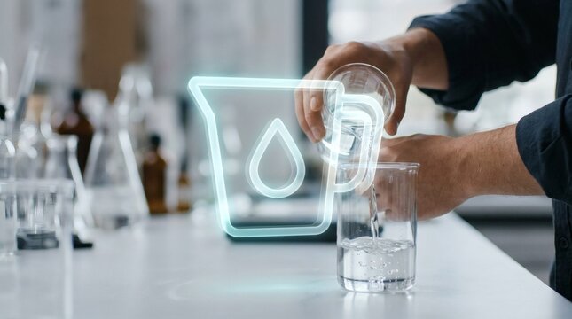 Scientist performing water quality analysis in a laboratory environment with digital purification icon overlay for environmental safety and scientific research.