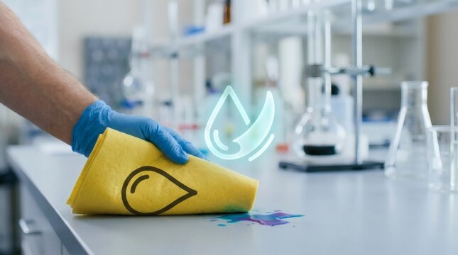 Professional scientist cleaning a chemical spill in a laboratory using a yellow cloth and blue nitrile glove, emphasizing safety, hygiene protocols, and sanitation in a research environment.