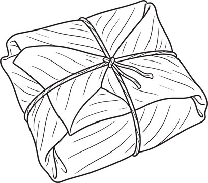 Hand drawn illustration of a tamale wrapped in corn husks and tied with string, traditional food item