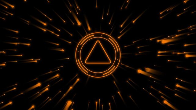 Orange glowing warning sign animation featuring rapid light particles streaking across dark background motion graphic design element for digital security alerts or error UI.