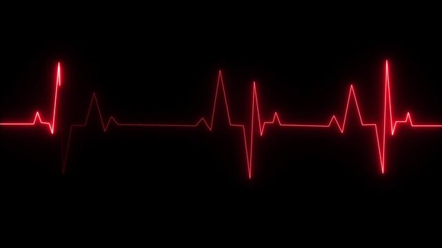 Red glowing pulse trace motion graphic with smooth animation, digital heartbeat monitor displaying regular rhythm, medical device output on black background.