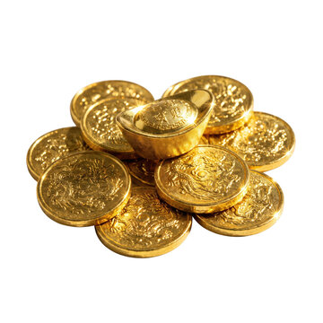 Golden ingot shaped coins, Chinese yuanbao gold treasure, isolated on transparent background
