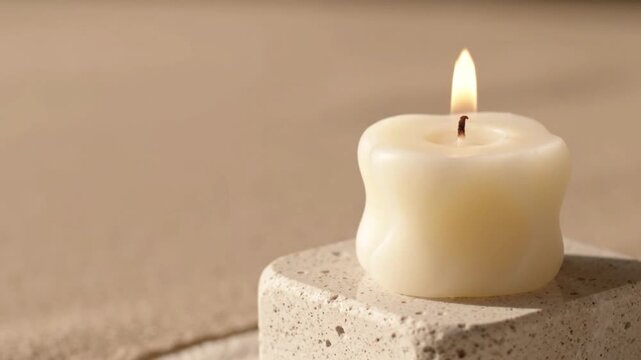 Extreme close-up of ivory candle flame on textured limestone base with subtle heat shimmer and clean empty background for wellness text