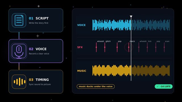 Script Interface with Audio Waveforms and Voice Recording Elements. Digital Editing Timeline with Waveform Visualization and Script Details.