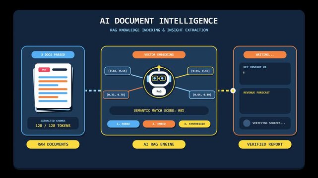 AI Document Intelligence Workflow Animation with RAG Knowledge Indexing and Insight Extraction