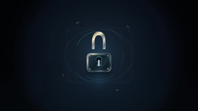 Metallic padlock rests centrally in a dark futuristic digital security interface.
