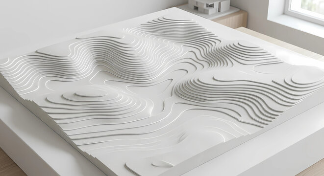 White topographic relief model with flowing contour lines on architect table