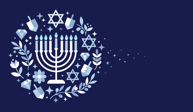 Flat vector illustration of a festive hanukkah menorah surrounded by holiday icons and sparkling stars on a deep blue background