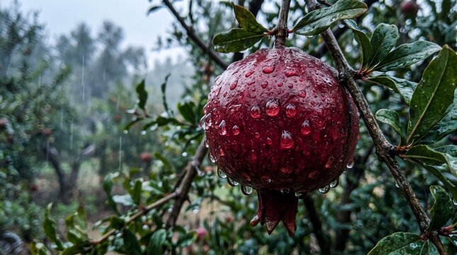 Fresh Red Pomegranate Covered in Dew Drops in Foggy Farm Cool Tone, Red pomegranate, fresh pomegranate fruit, ripe red pomegranate with dew drops on branch in foggy farm cool tone, redpomegranate
