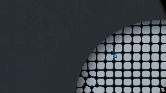 Microscopic view of dark graphene lattice on slate background with a tiny pulsing cyan quantum node and vast clean empty copy space for text