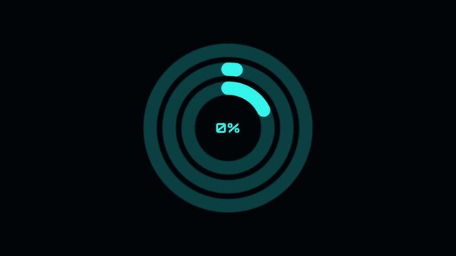 Animated circular progress bar loading icon with cyan neon rings and five percent counter text
