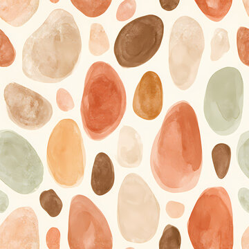 Seamless pattern of watercolor pebbles on a cream background. Organic abstract design for textile and surface printing. Earthy natural motif for wallpaper, wrapping paper and stationery.