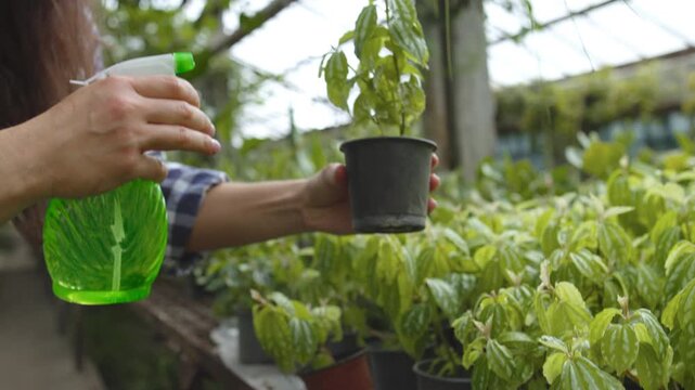 Person sprays water on basil plants in pots at a greenhouse during the day
