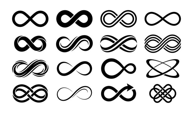 Set of infinity symbols, various styles of endless loops and mathematical signs for eternity
