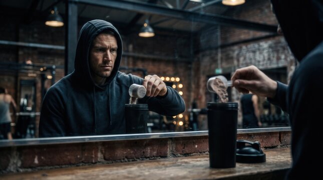 Focused athlete in black hoodie pouring protein powder into shaker bottle at a gym mirror, capturing gritty pre-workout preparation for sports nutrition and bodybuilding supplement marketing.