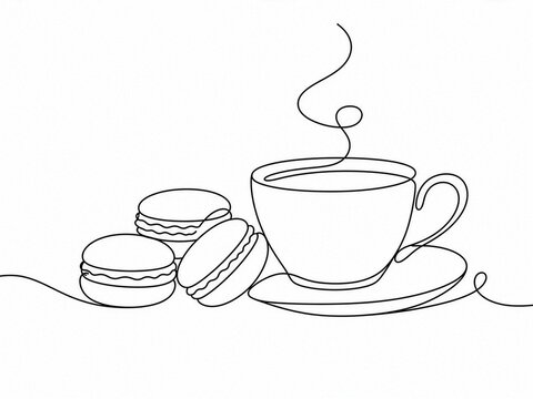 マカロンとコーヒーの線画イラスト