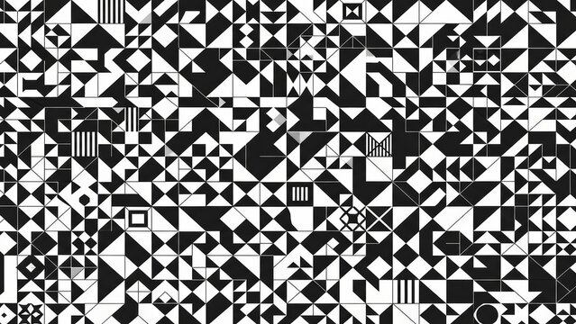 Black and white geometric pattern of interlocking triangles and squares. Abstract contemporary design. Monochrome graphic art and modern textile background. Repeating geometric texture