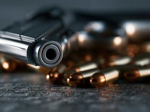 Close up of pistol muzzle and ammunition on