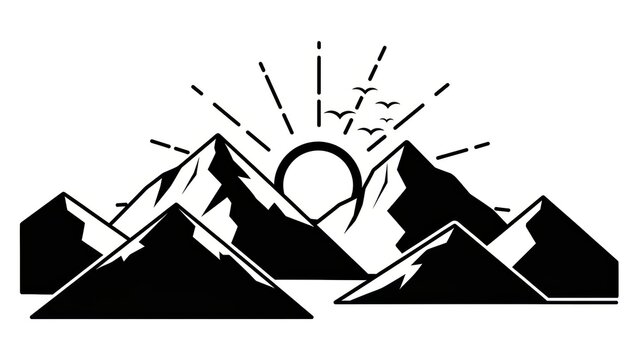 Black and white mountain range illustration with rising sun and birds. Minimalist alpine landscape design. Outdoor adventure and nature concept. Travel, exploration and wilderness theme.