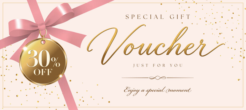Elegant gift voucher template design with pink ribbon bow tag and 30 percent off discount coupon certificate